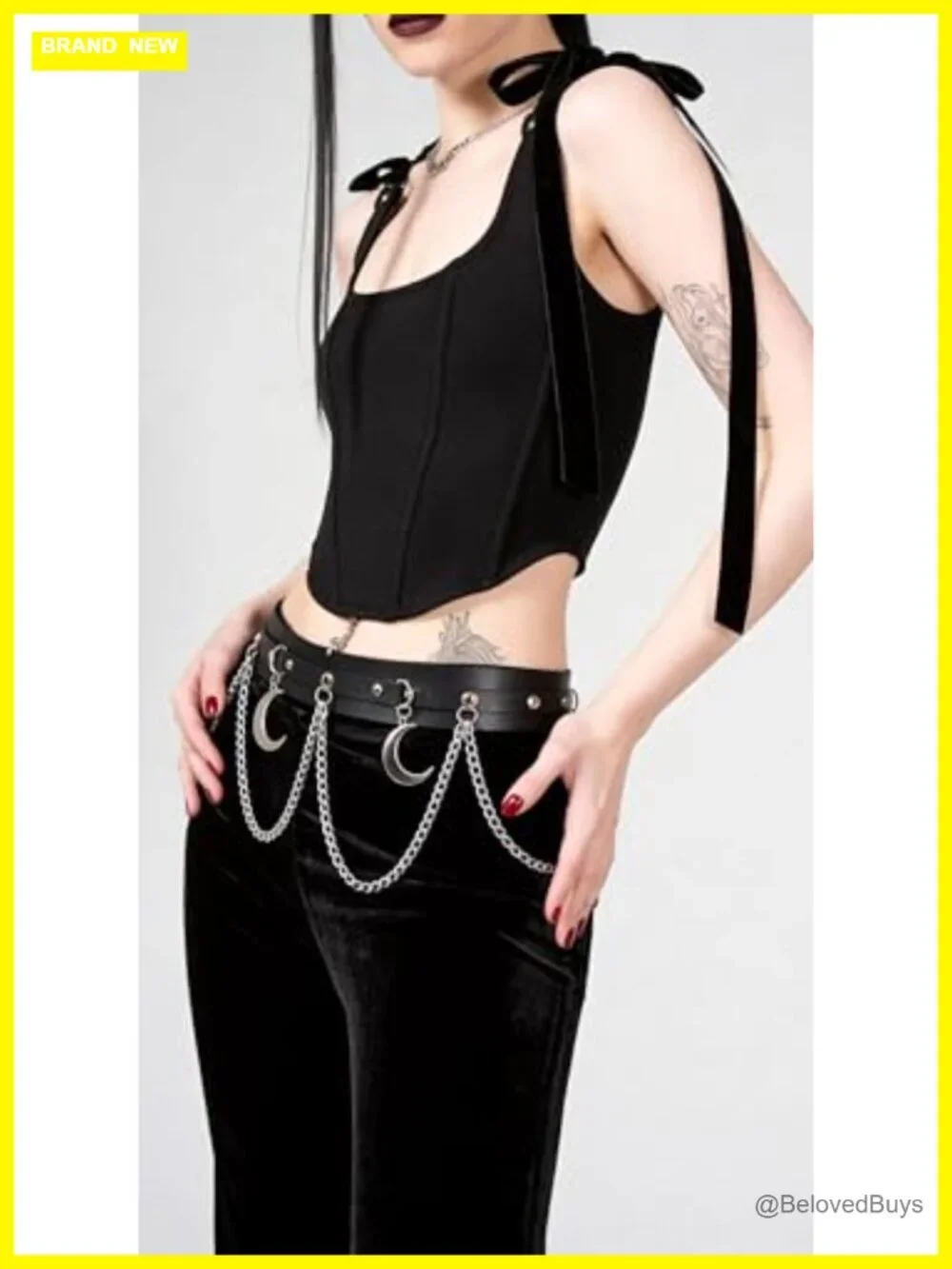 Women's Faux Leather Chain Waist Belt with Moon Charms, Adjustable Gothic Punk